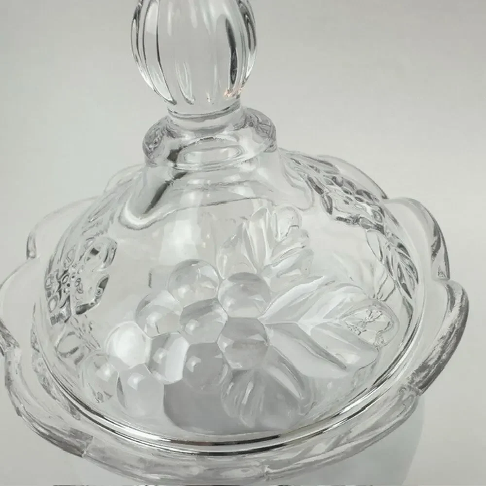 Vintage Clear Glass Candy Dish and Lid w/ Grape Vine /Cherries/Flowers Motif